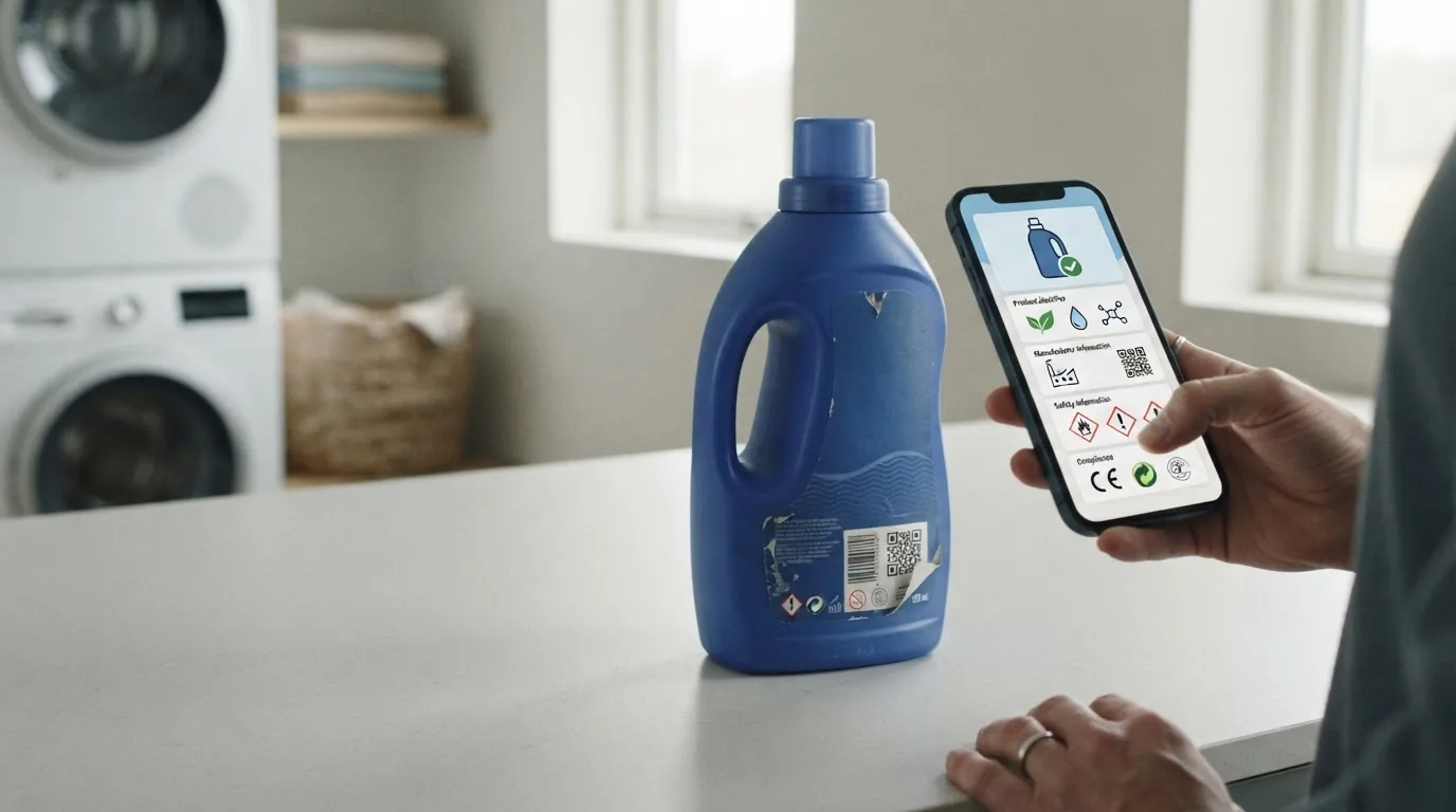 A blue detergent bottle on a counter in a utility room with a washing machine behind and a hand holding a phone.