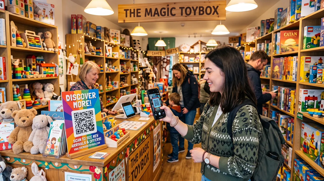 A woman scans a QR sign on the counter of a small toy shop.
