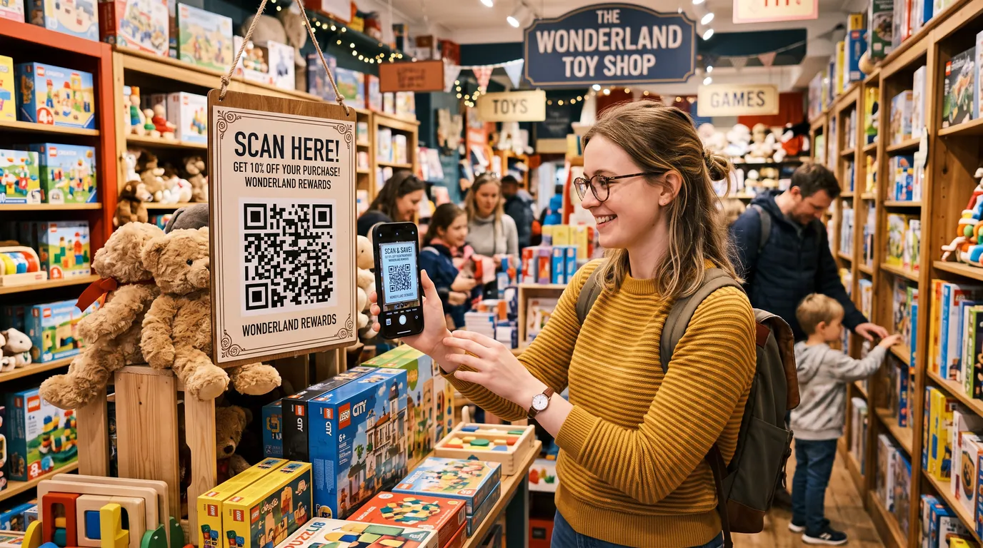A woman scans a QR sign in a busy toy shop with soft toys and boxed sets on the shelves.