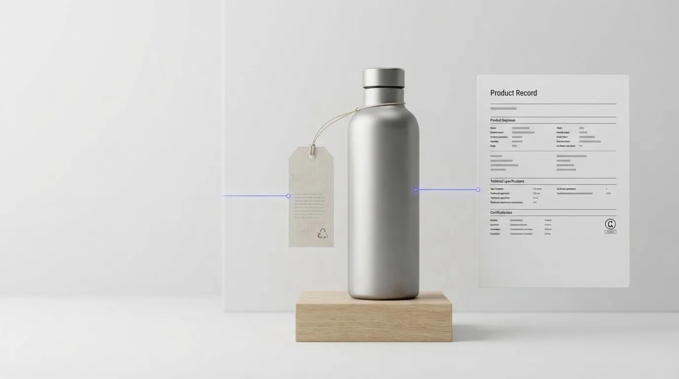 A metal water bottle on a wooden block with a swing tag and a single printed sheet headed product record.