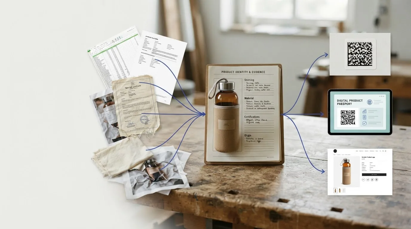 A cork and steel bottle on a workbench with a notebook headed product sheet, papers, sample bags, a QR card and a tablet.