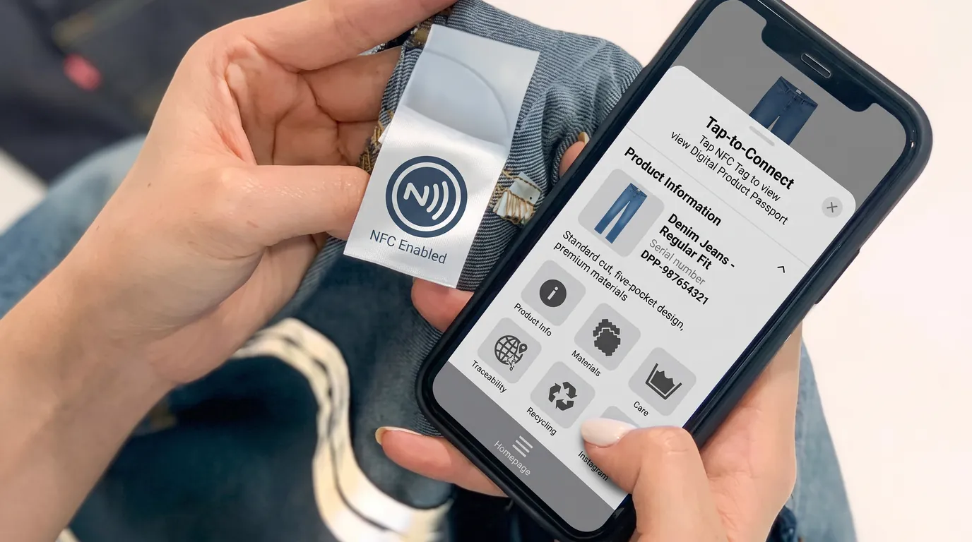 A phone taps an NFC label sewn into a pair of jeans and opens their product information.
