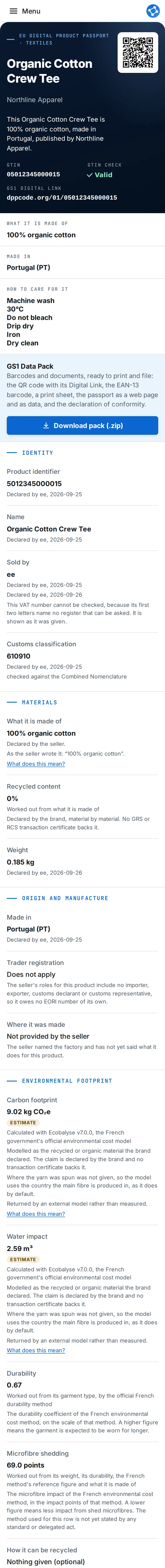 The published Digital Product Passport for the Organic Cotton Crew Tee: identity, materials, origin, footprint, compliance and care.