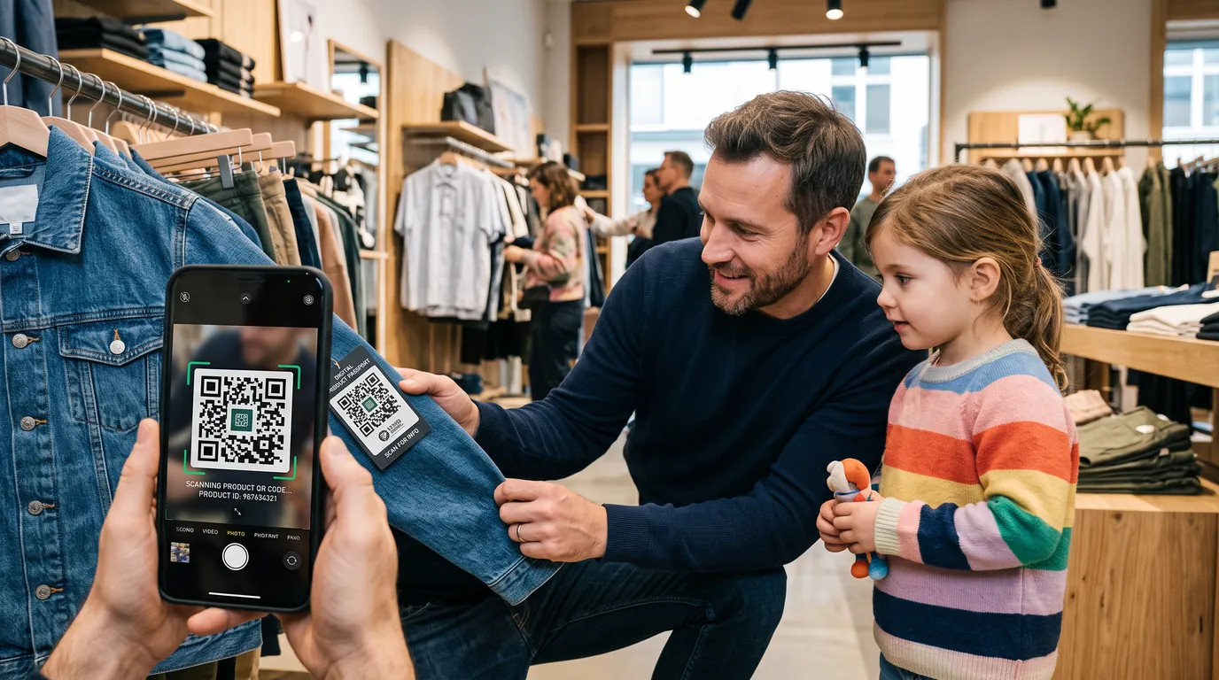 A phone scans the QR code on the tag of a denim jacket while a man and his daughter look on in a clothing shop.