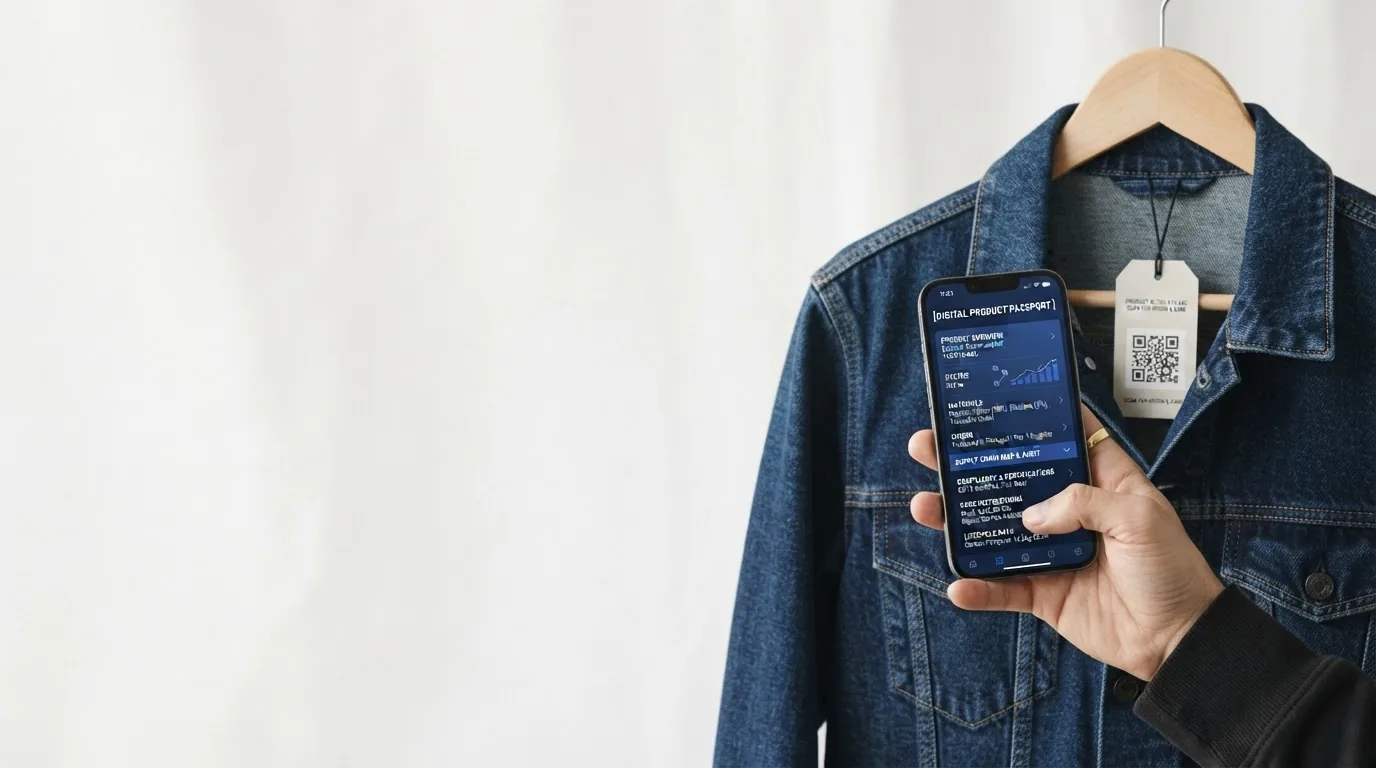 A denim jacket on a hanger with a hand holding a phone with a dark screen reading its white swing tag.