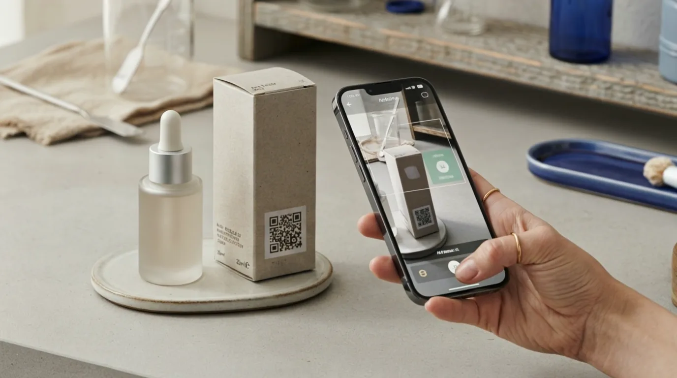 A hand holding a phone over the QR code on a serum carton, the bottle beside it on a stone tray.