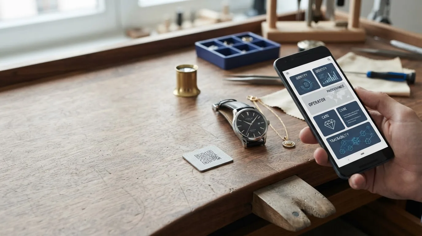A wristwatch and a gold ring on a watchmaker's bench with a small QR card and a hand holding a phone showing a specification panel.