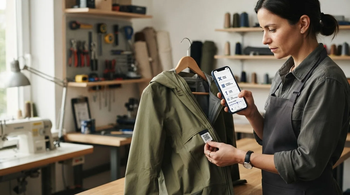 A maker in a sewing workshop holding a jacket on a hanger, sewing machine and tools behind.