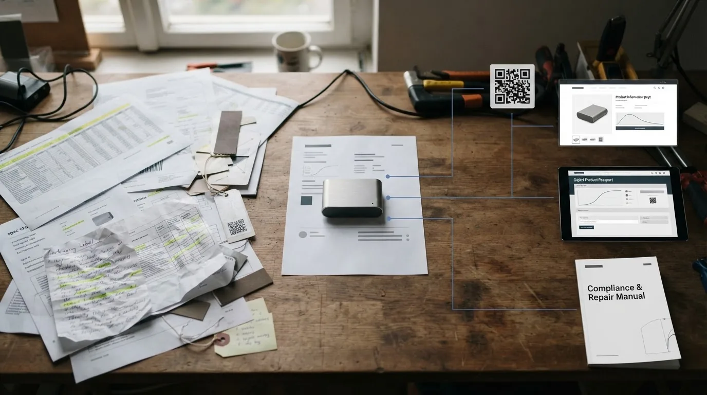 A small device on a workbench with printed schematics, a repair manual and a code card.