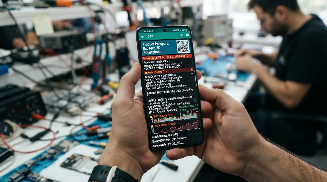 Hands holding a phone showing a smartphone product record at an electronics repair bench with a technician working behind.