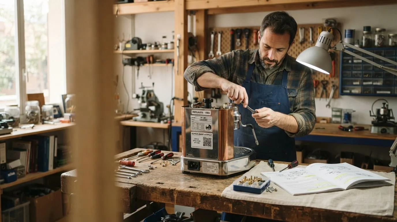 A man in an apron servicing a metal machine at a workshop bench with tools and an open manual.