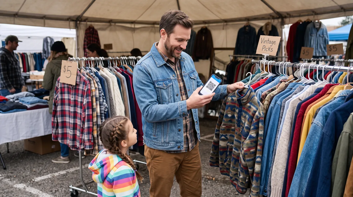A man scans a garment on a rail of second-hand clothes at a market while his daughter watches.