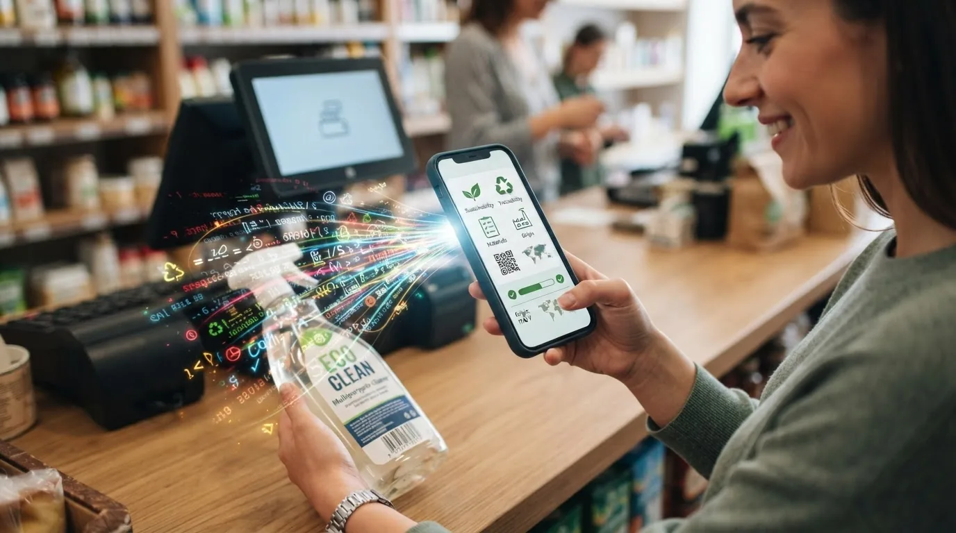 A woman at a shop counter holding an eco-branded spray bottle while a hand holds a phone showing green claim icons.