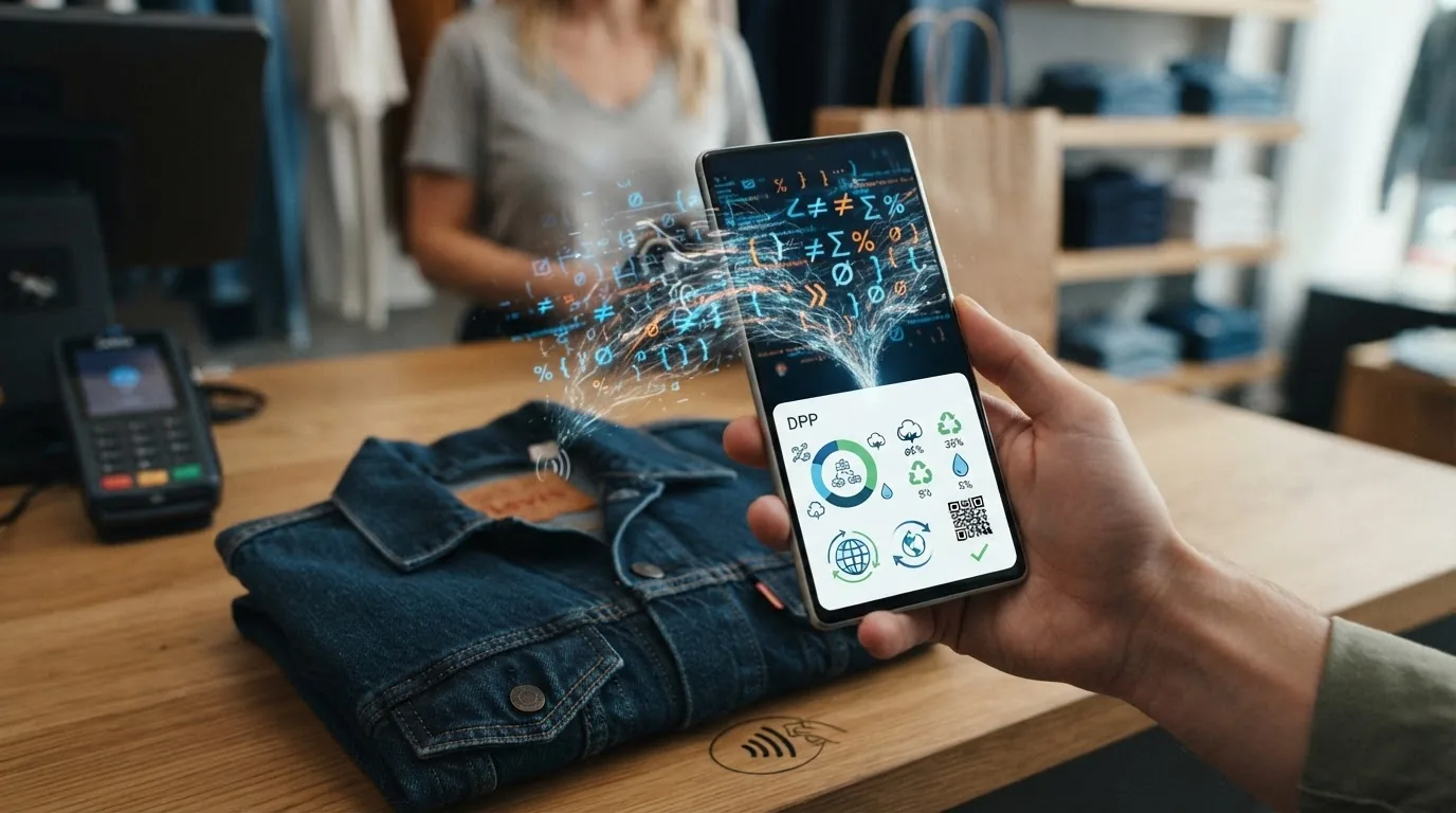 A folded denim jacket on a retail counter with a hand holding a phone showing an icon cluster and a QR.