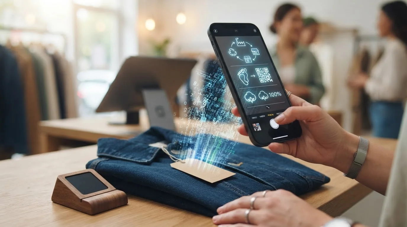 A folded denim jacket on a shop counter with a hand holding a phone showing claim icons, shop interior behind
