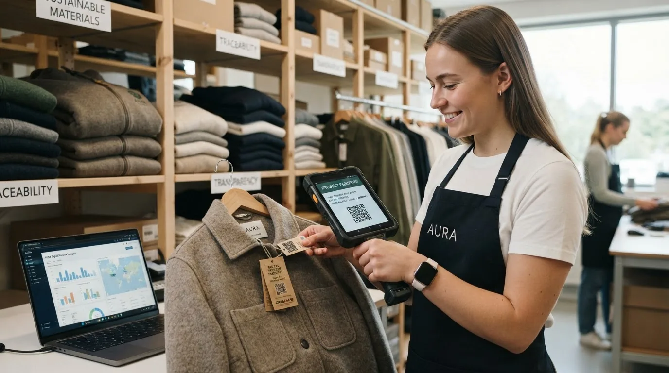 A shop assistant in an apron reading a tweed jacket's swing tag with a tablet, shelves of folded knitwear behind.