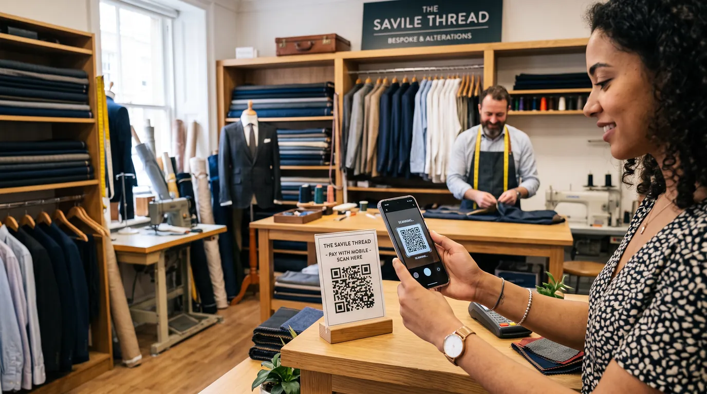 A woman scans a QR code on the counter of a tailor's shop while the tailor works behind.