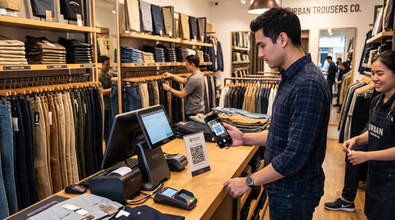 A man scans a QR code at the till of a trousers shop while an assistant folds clothes.