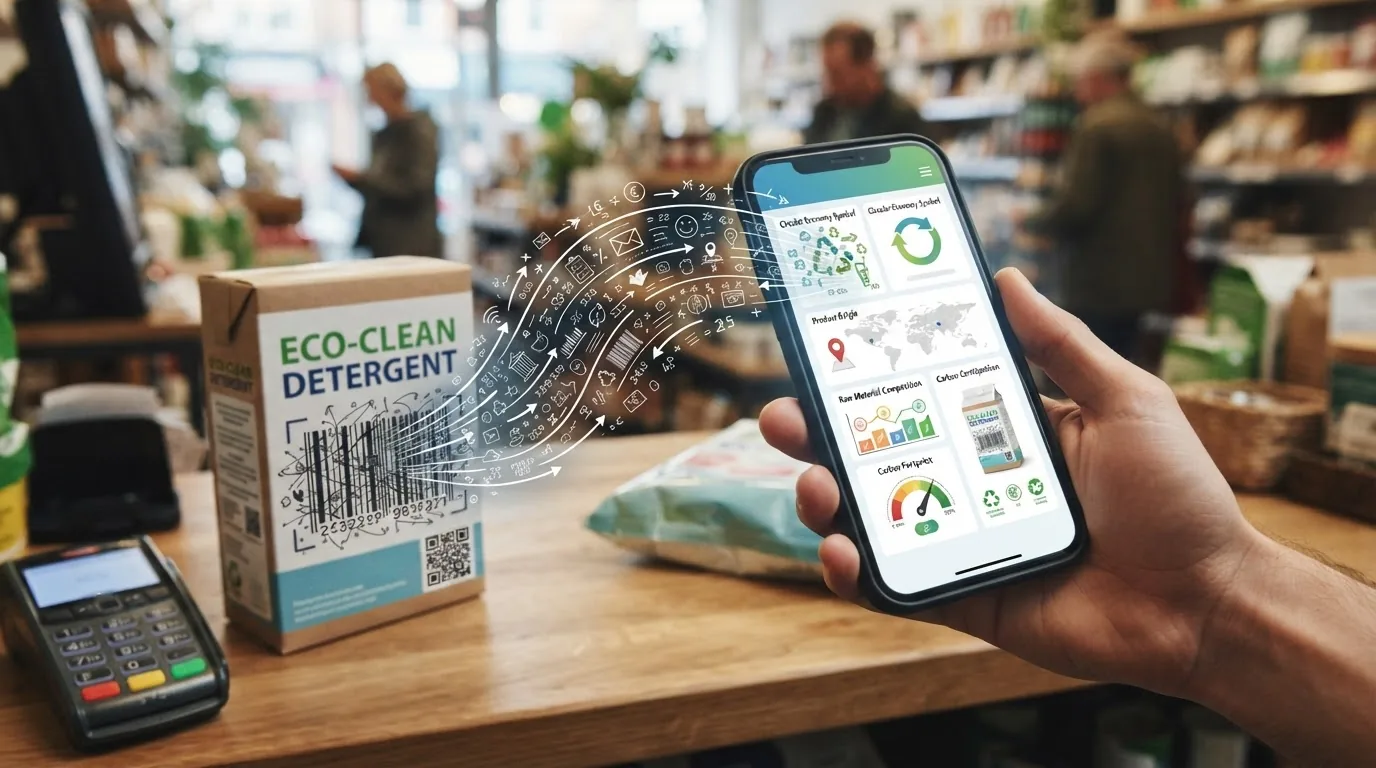 An eco-branded detergent carton on a shop counter beside a card terminal, with a hand holding a phone.