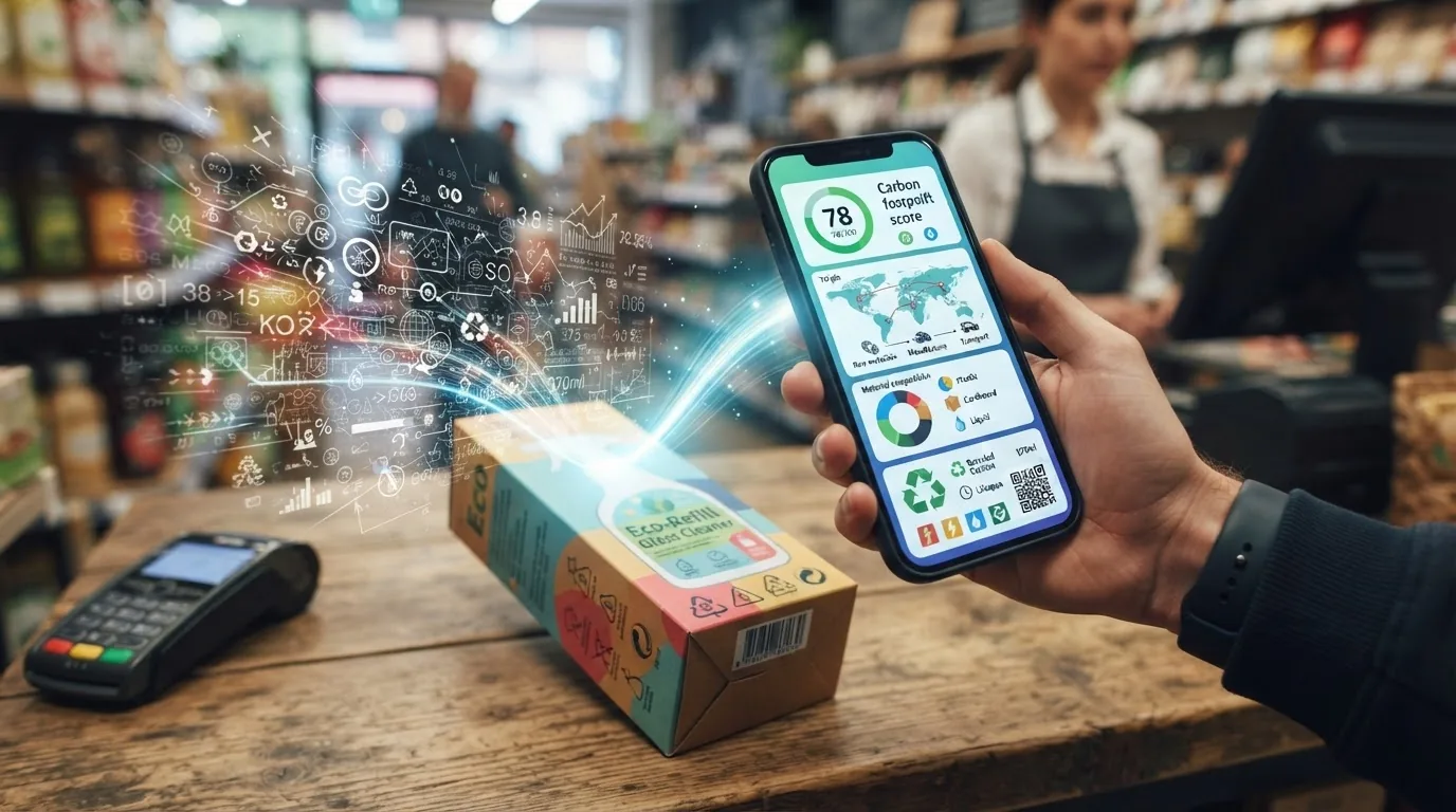 A colourful carton on a shop counter with a hand holding a phone showing a carbon impact dial