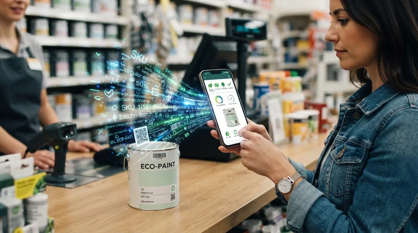 A woman holding a phone showing product data beside an eco-branded paint tin, shelves of tins behind.