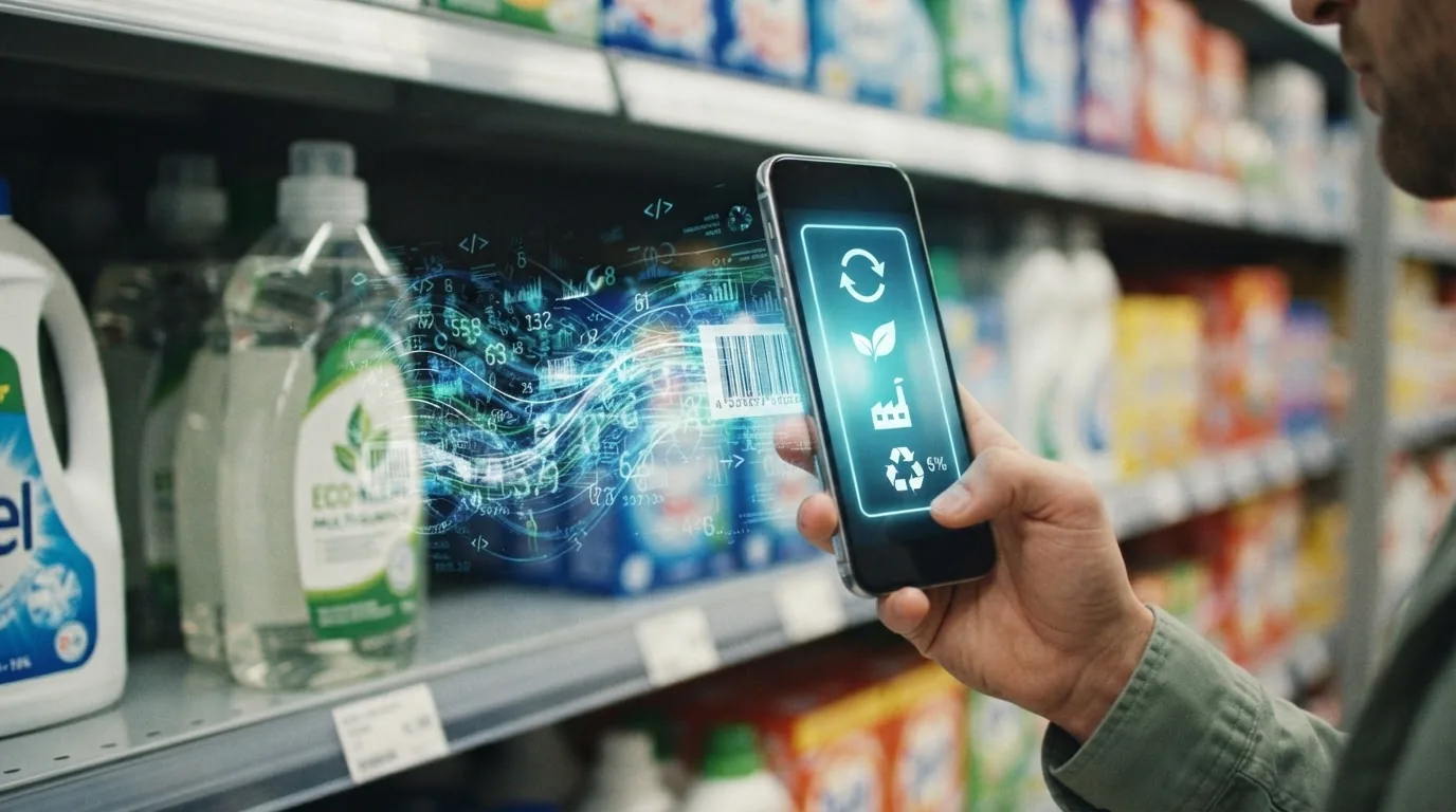 A supermarket aisle of detergent bottles with a hand holding a phone showing a recycling icon in a burst of effects.