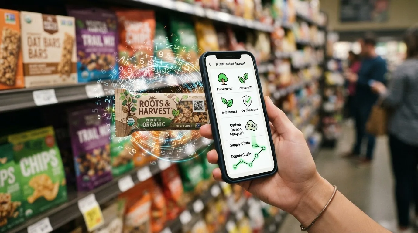 A supermarket aisle with a branded snack box and a hand holding a phone showing its product record.