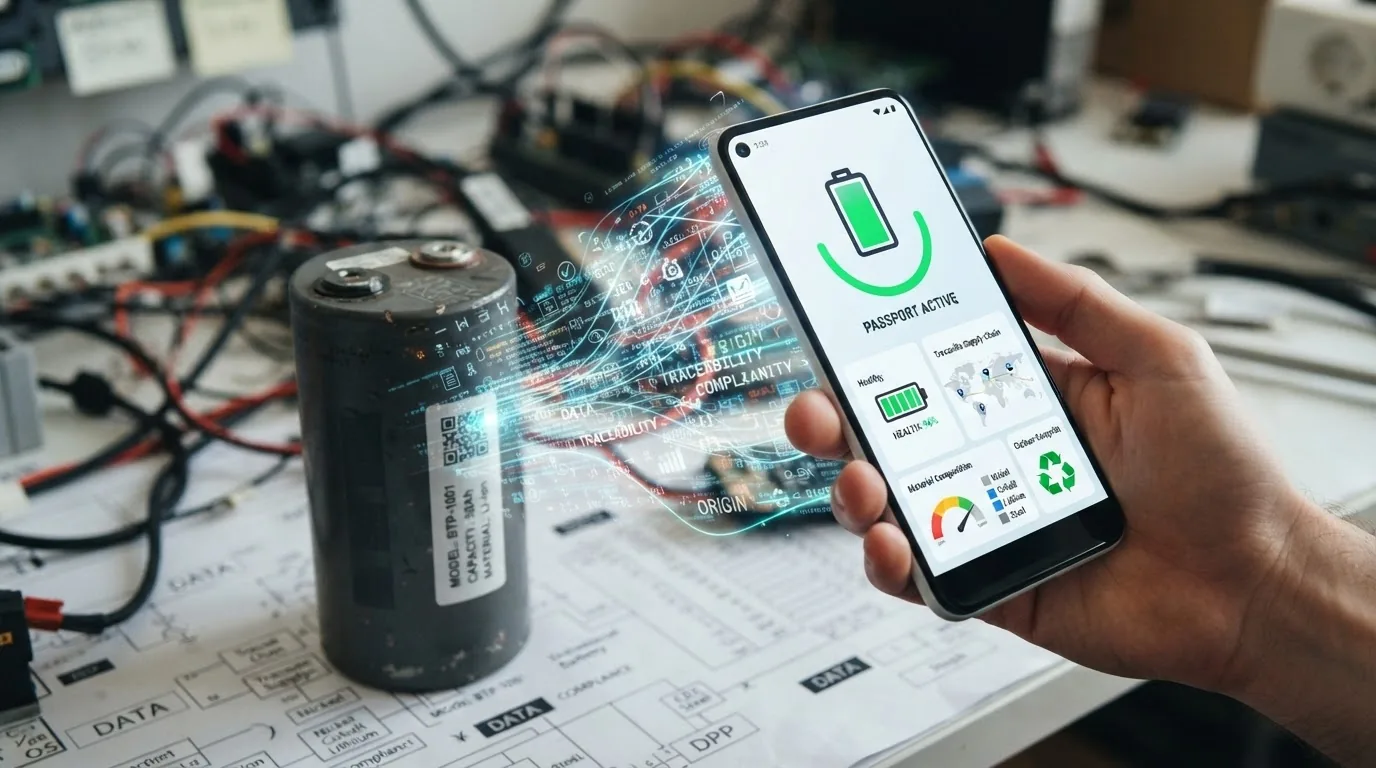 A large capacitor resting on a circuit schematic with a hand holding a phone showing an active passport and a green battery