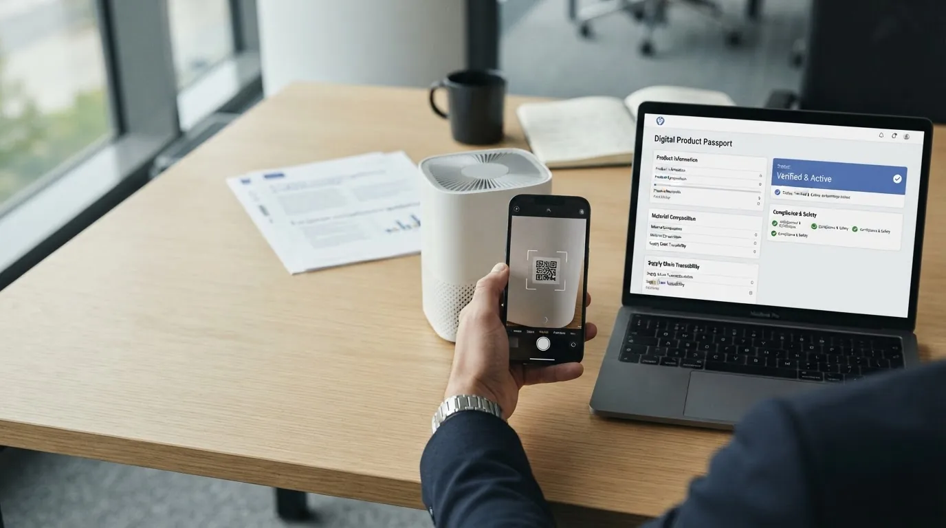 A desk with a laptop showing a product record, a small air purifier and a hand scanning its QR.