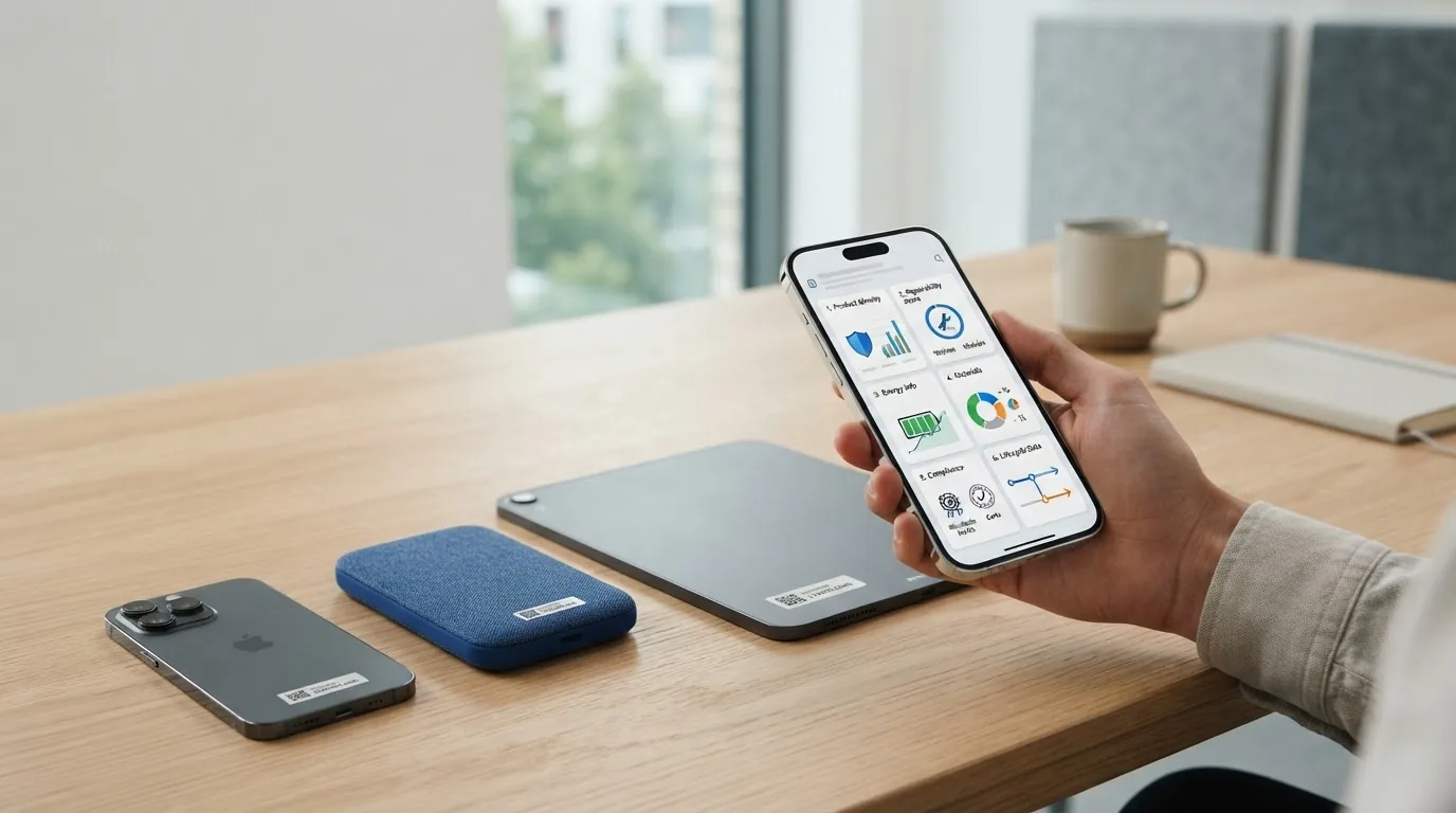 A desk with two phones and a grey pouch and a hand holding a phone showing a product dashboard.