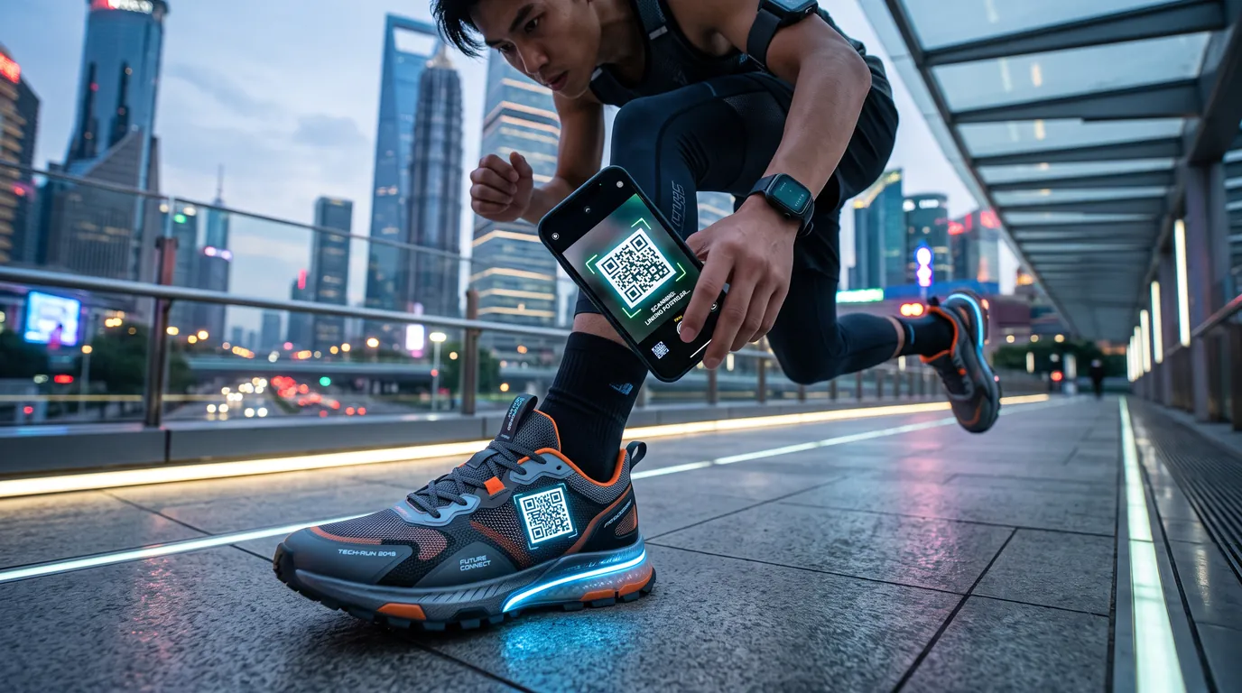 A runner scans the QR code on the side of a running shoe on a city walkway at dusk.