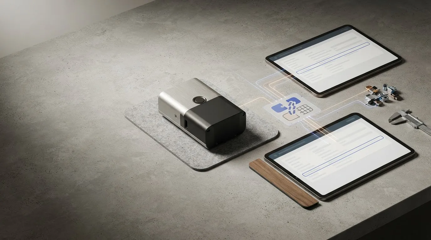 A small dark device on a mat with two tablets showing forms and small parts and tools laid out.