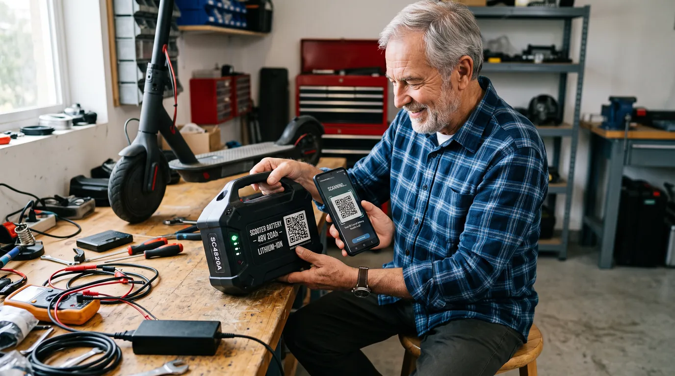 A man at a workbench scans the QR code on an electric scooter battery pack.
