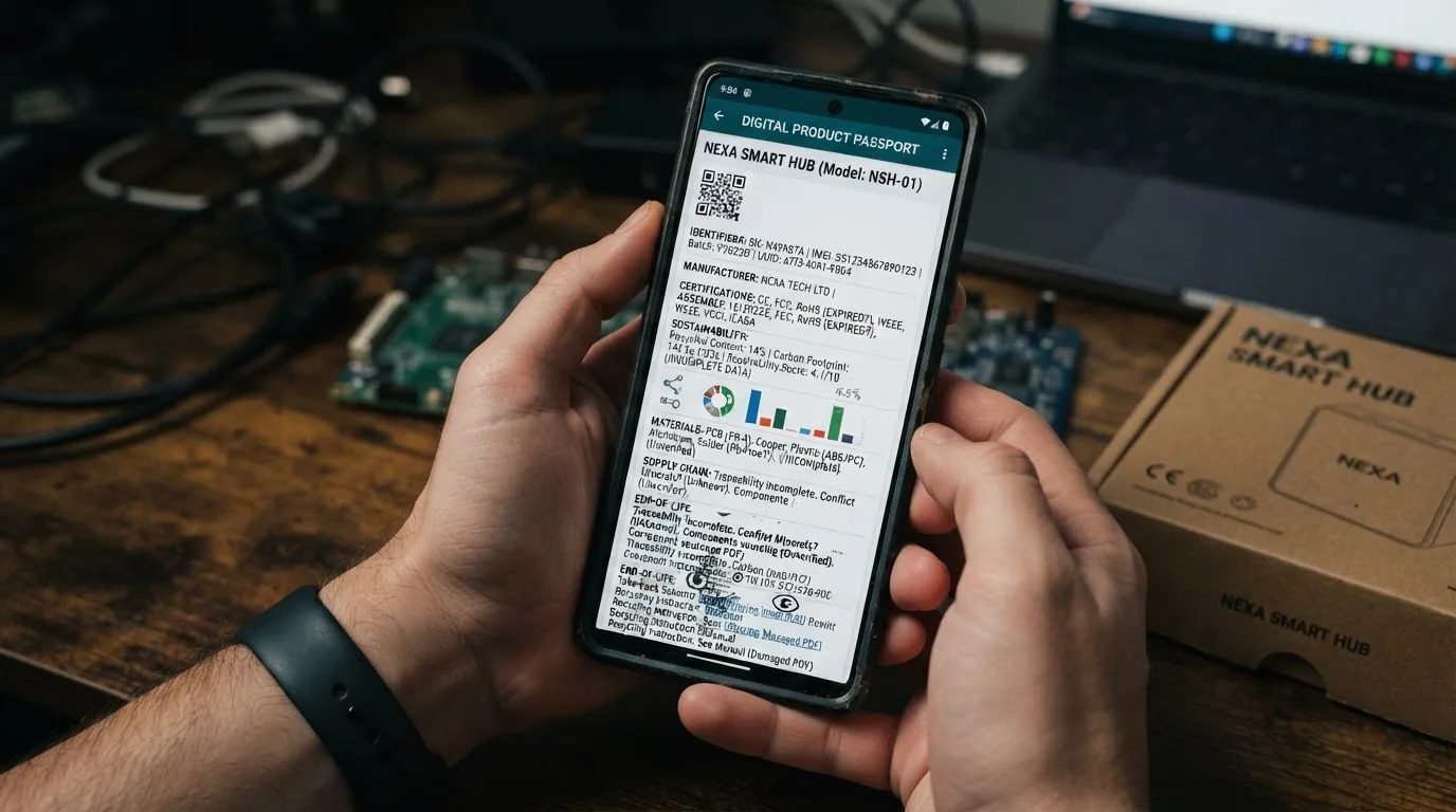 Hands holding a phone showing a smart hub record at an electronics bench with the product box behind