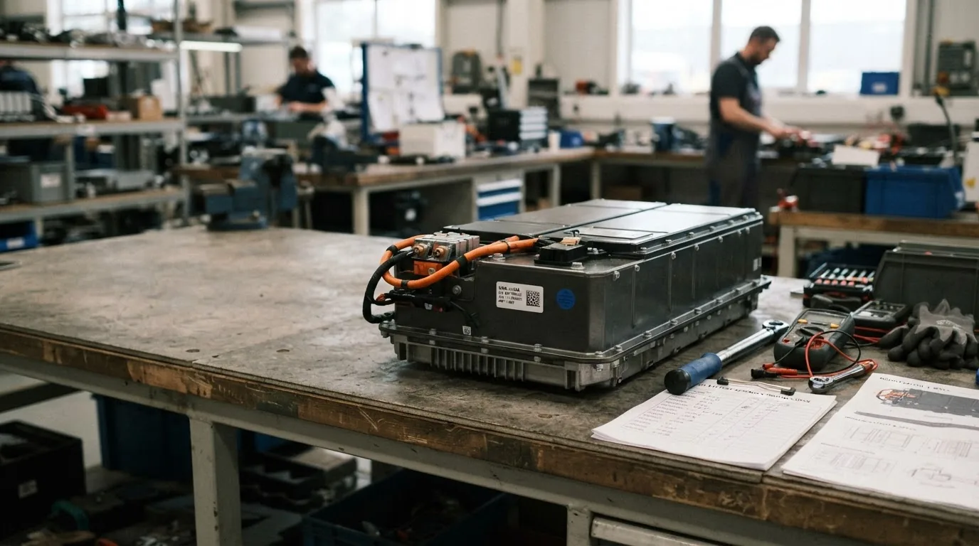 An electric vehicle battery module on a workbench with hand tools and paperwork.