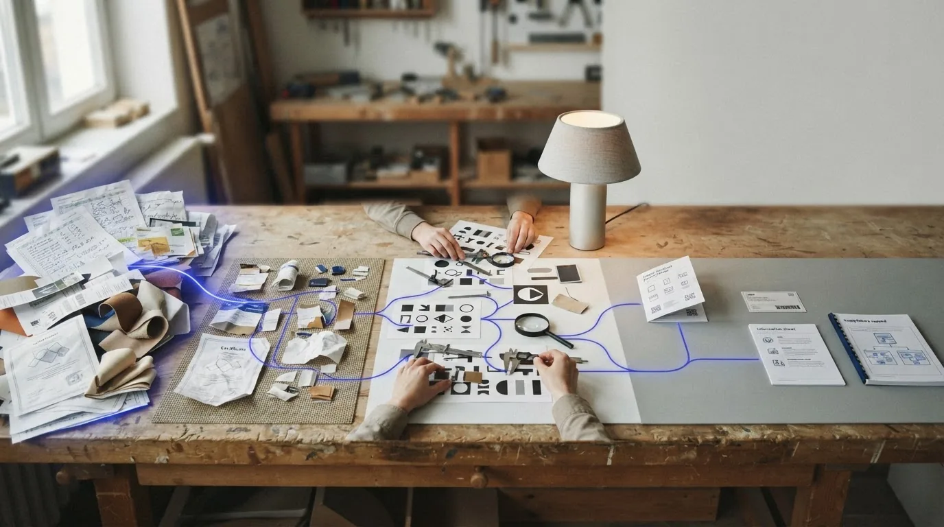 A white lamp on a bench with many small components laid out around it, papers and hands