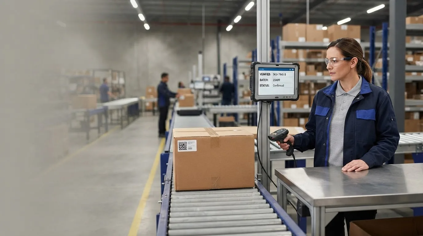 A woman scanning a labelled carton on a conveyor with a small data screen beside her.