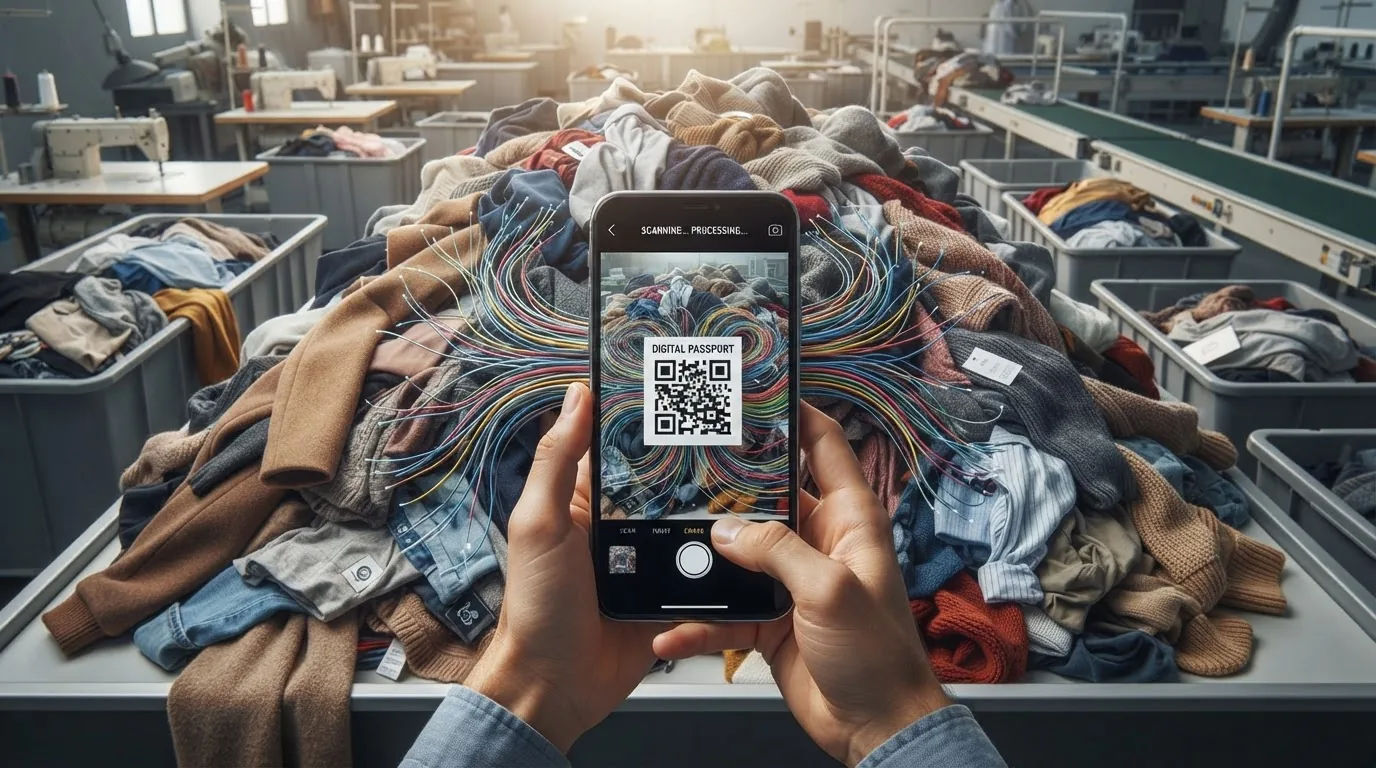 A large heap of mixed garments with hands holding a phone scanning into it, sorting hall behind.
