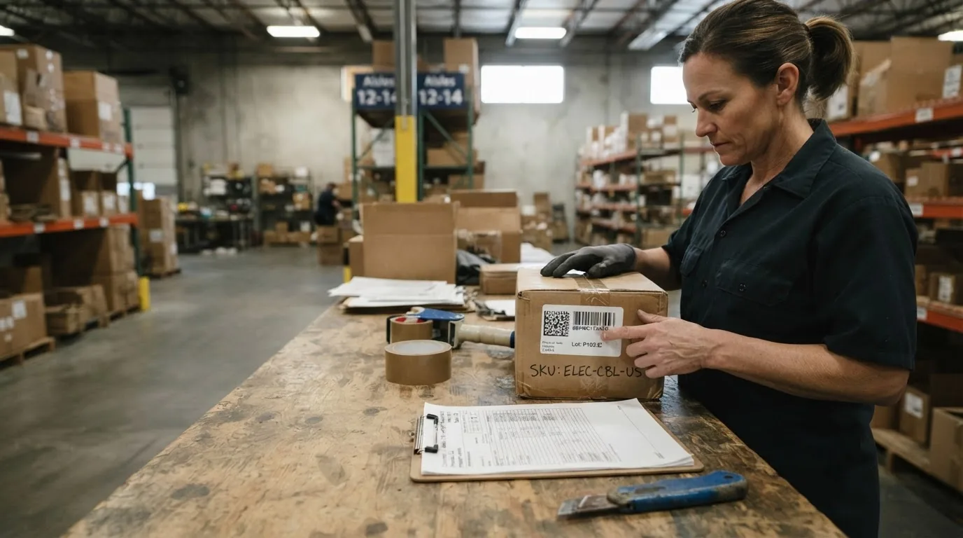 A woman at a packing bench applying a label to a carton with a clipboard of forms beside her.