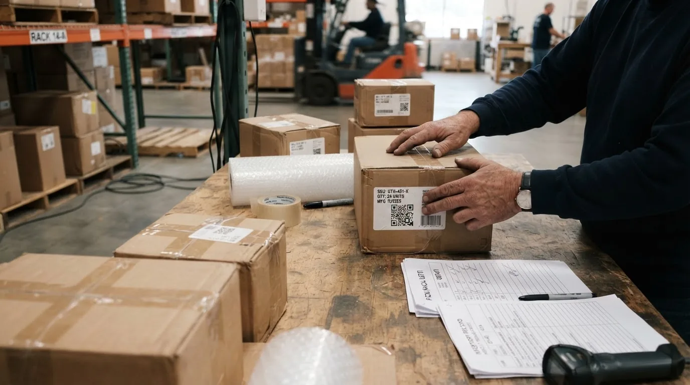 Hands at a packing bench working with cartons, labels and a tape roll with paperwork and racking behind.