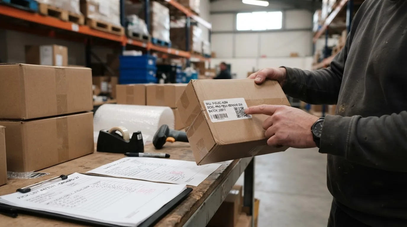 A man holding a labelled carton at a packing bench with a scanner and a clipboard of forms.